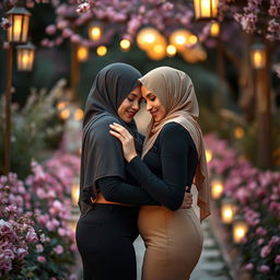 Two women wearing elegant hijabs are affectionately leaning towards each other, in an intimate and loving embrace