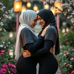 Two women wearing elegant hijabs are affectionately leaning towards each other, in an intimate and loving embrace