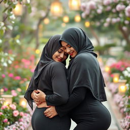 Two women wearing elegant hijabs are affectionately leaning towards each other, in an intimate and loving embrace