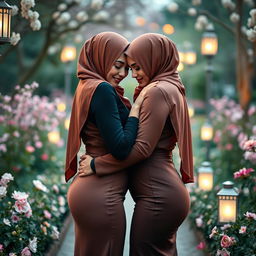 Two women wearing elegant hijabs are affectionately leaning towards each other, in an intimate and loving embrace