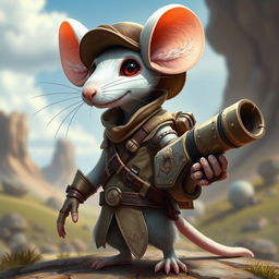 A slender anthropomorphic white mouse wearing light leather armor and a hunter's hat, featuring a unique mechanical hand that functions as a cannon