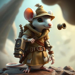 A slender anthropomorphic white mouse wearing light leather armor and a hunter's hat, featuring a unique mechanical hand that functions as a cannon