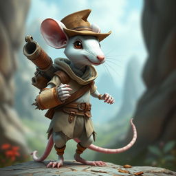 A slender anthropomorphic white mouse wearing light leather armor and a hunter's hat, featuring a unique mechanical hand that functions as a cannon