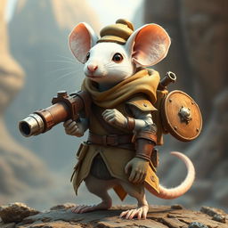 A slender anthropomorphic white mouse wearing light leather armor and a hunter's hat, featuring a unique mechanical hand that functions as a cannon