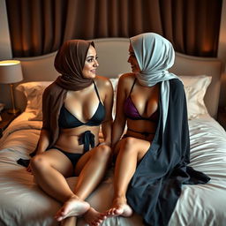 Two women in a cozy, elegantly styled bedroom, sharing a tender, intimate moment in fashionable bikinis that tastefully highlight their curves