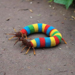 A centipede playfully donning colourful socks on each of its many feet