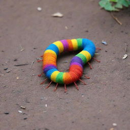 A centipede playfully donning colourful socks on each of its many feet