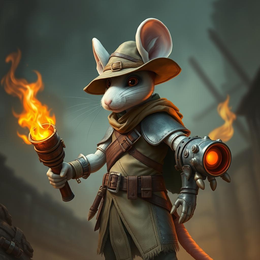 A slender anthropomorphic white mouse wearing light leather armor and a hunter's hat