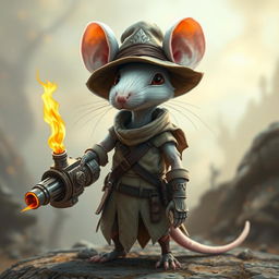 A slender anthropomorphic white mouse wearing light leather armor and a hunter's hat