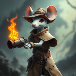 A slender anthropomorphic white mouse wearing light leather armor and a hunter's hat