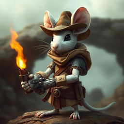 A slender anthropomorphic white mouse wearing light leather armor and a hunter's hat