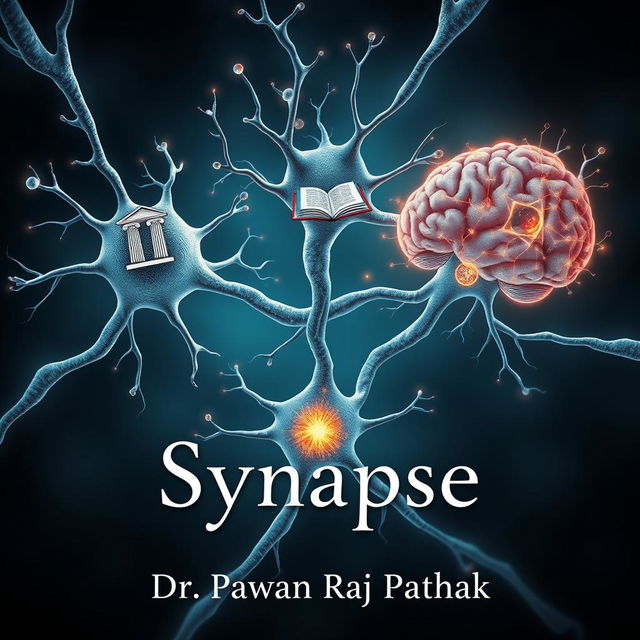 A detailed illustration of three neurons synapsing with each other, each neuron visually representing a different field of study - philosophy, quantum physics, and neuroscience