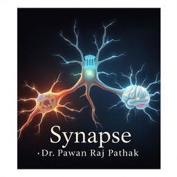 A detailed illustration of three neurons synapsing with each other, each neuron visually representing a different field of study - philosophy, quantum physics, and neuroscience