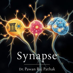 A detailed illustration of three neurons synapsing with each other, each neuron visually representing a different field of study - philosophy, quantum physics, and neuroscience