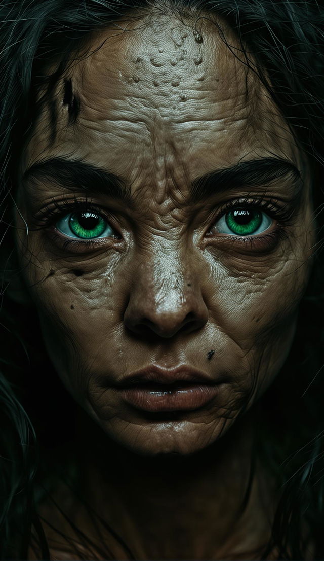 A hyper-realistic HD photograph of a woman with a symmetrical face, intense, angry green eyes, and detailed skin textures including visible pores.