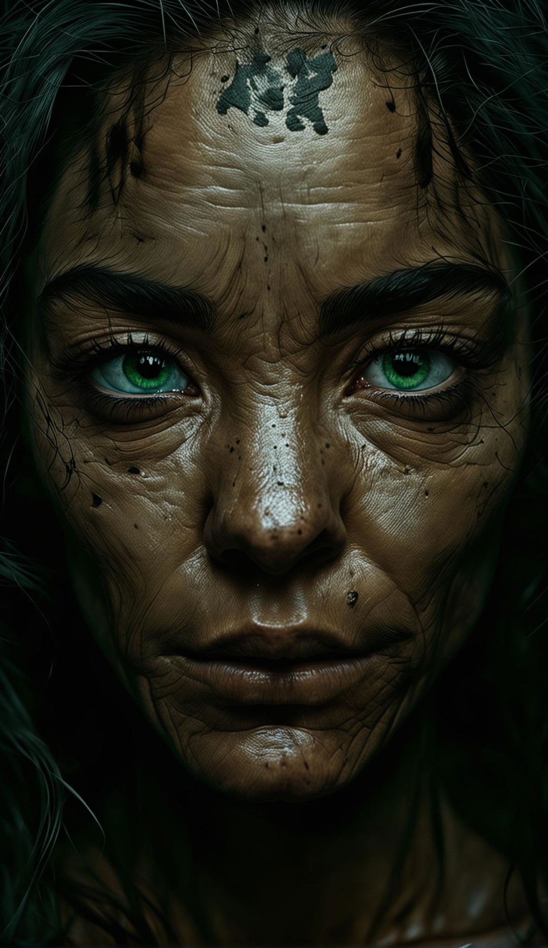 A hyper-realistic HD photograph of a woman with a symmetrical face, intense, angry green eyes, and highly detailed textured skin including visible pores.