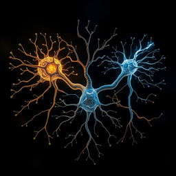 Three neurons artistically symbolize philosophy, quantum physics, and neuroscience, interconnected in a complex synaptic network