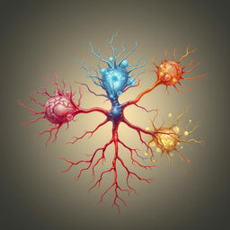 Three neurons artistically symbolize philosophy, quantum physics, and neuroscience, interconnected in a complex synaptic network