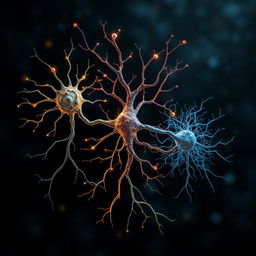 Three neurons artistically symbolize philosophy, quantum physics, and neuroscience, interconnected in a complex synaptic network