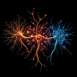 Three neurons artistically symbolize philosophy, quantum physics, and neuroscience, interconnected in a complex synaptic network