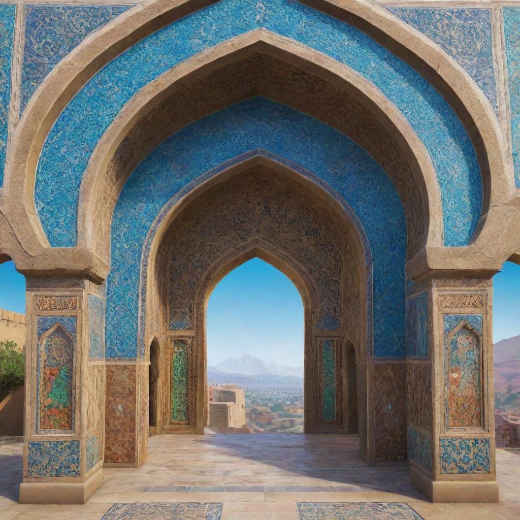 An interpretation of Fortnite video game aesthetics blending seamlessly with elements of Iranian culture and architecture, including Persian arches, patterned tiles, and calligraphic designs.