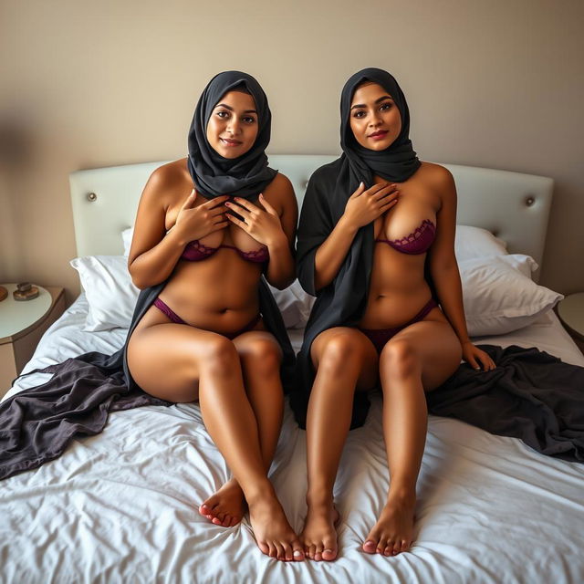 Two women with curvy figures wearing hijabs and string bikinis, barefoot, sitting on a bed with luxurious linens