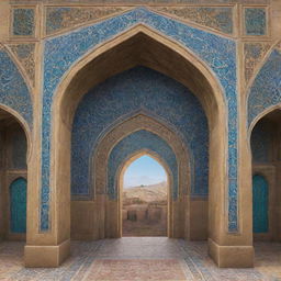 An interpretation of Fortnite video game aesthetics blending seamlessly with elements of Iranian culture and architecture, including Persian arches, patterned tiles, and calligraphic designs.