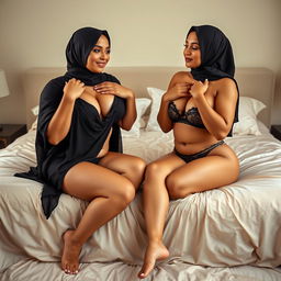 Two women with curvy figures wearing hijabs and string bikinis, barefoot, sitting on a bed with luxurious linens