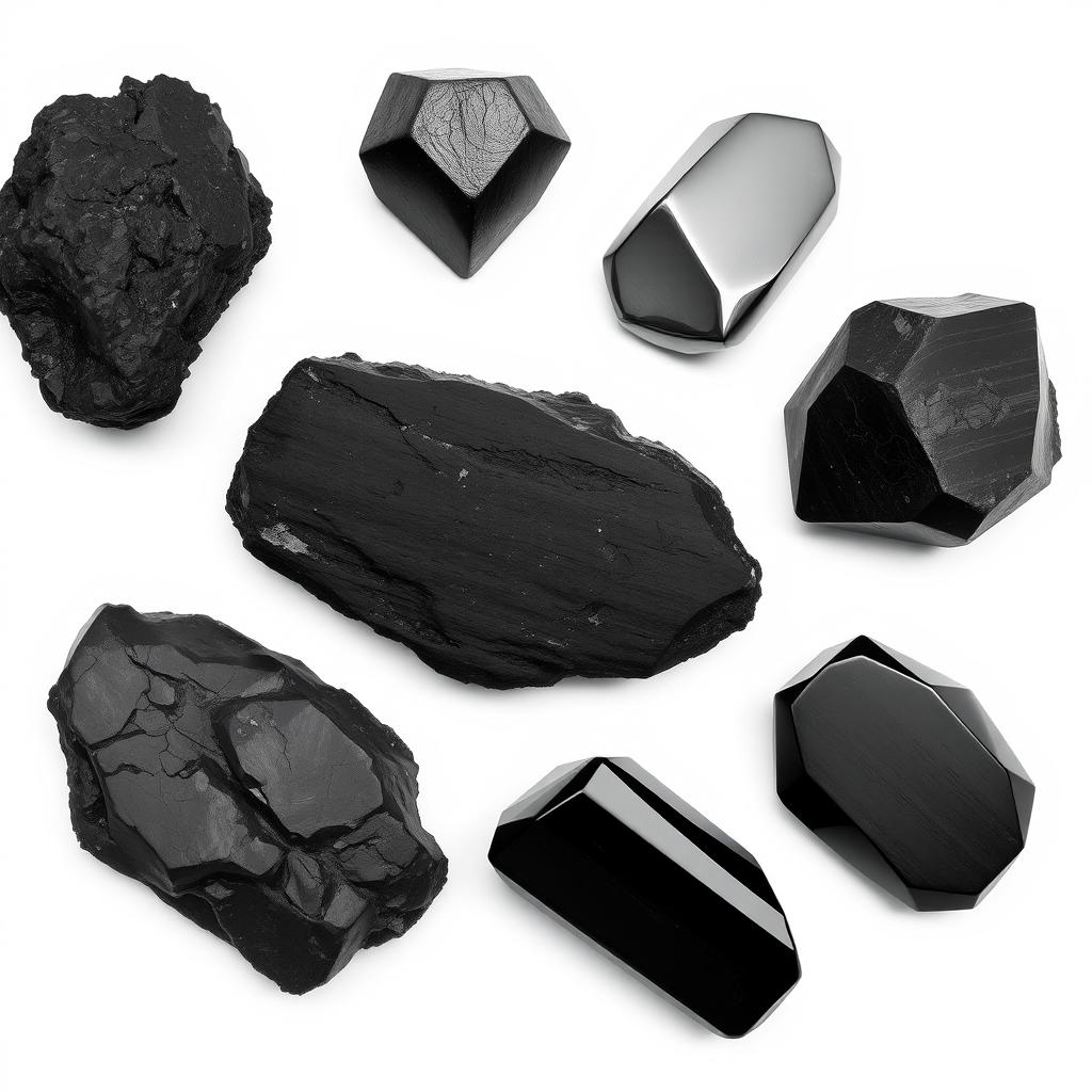 A striking arrangement of black tourmaline, obsidian, hematite, and Apache tear crystals on a pristine white background