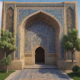 An interpretation of Fortnite video game aesthetics blending seamlessly with elements of Iranian culture and architecture, including Persian arches, patterned tiles, and calligraphic designs.