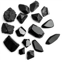 A striking arrangement of black tourmaline, obsidian, hematite, and Apache tear crystals on a pristine white background