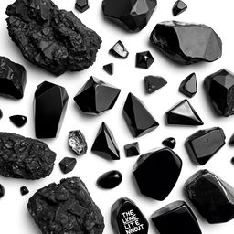 A striking arrangement of black tourmaline, obsidian, hematite, and Apache tear crystals on a pristine white background