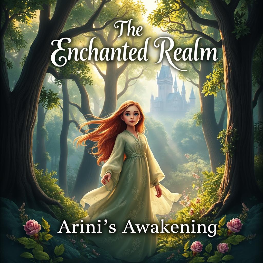 A captivating book cover for a novel titled 'The Enchanted Realm: Arini's Awakening'