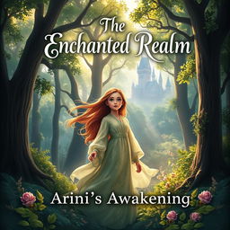 A captivating book cover for a novel titled 'The Enchanted Realm: Arini's Awakening'