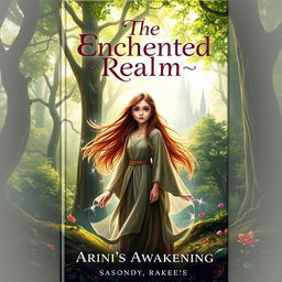 A captivating book cover for a novel titled 'The Enchanted Realm: Arini's Awakening'