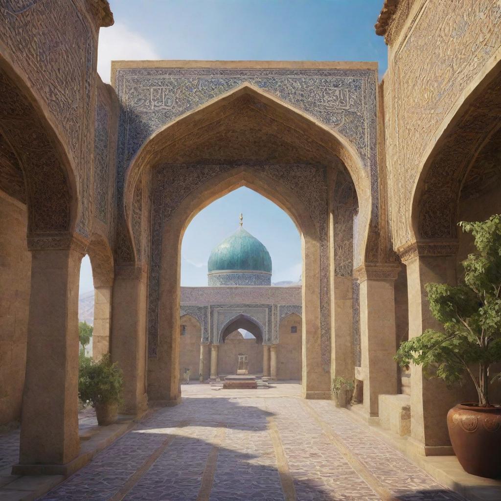 An interpretation of Fortnite video game aesthetics blending seamlessly with elements of Iranian culture and architecture, including Persian arches, patterned tiles, and calligraphic designs.