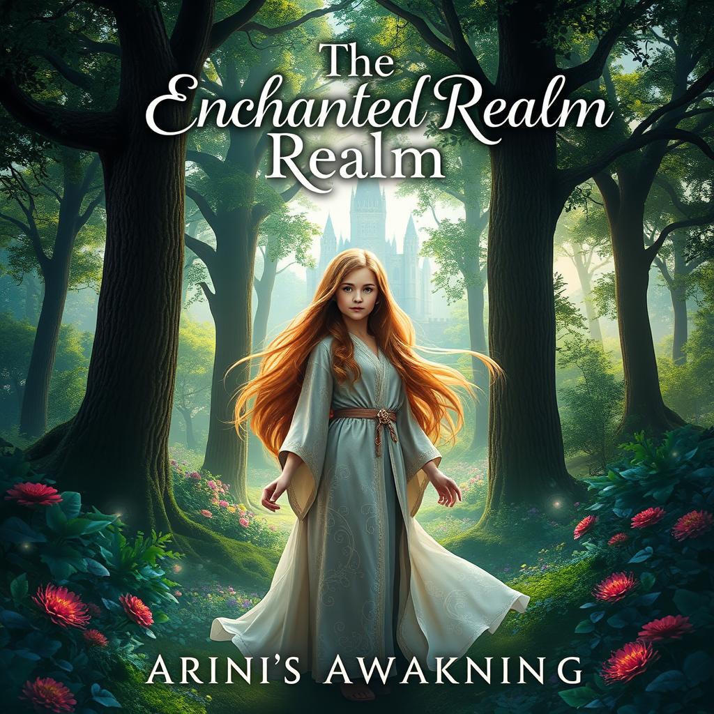 A captivating book cover for a novel titled 'The Enchanted Realm: Arini's Awakening'