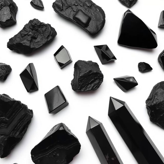 A striking arrangement of black tourmaline, obsidian, hematite, and Apache tear crystals on a pristine white background