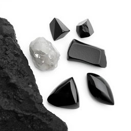 A striking arrangement of black tourmaline, obsidian, hematite, and Apache tear crystals on a pristine white background