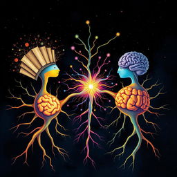 A captivating non-fiction illustration showcasing three neurons synapsing with each other