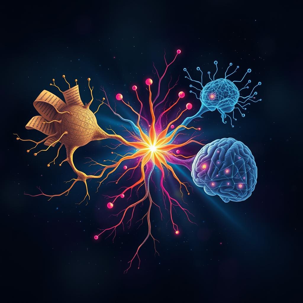 A captivating non-fiction illustration showcasing three neurons synapsing with each other