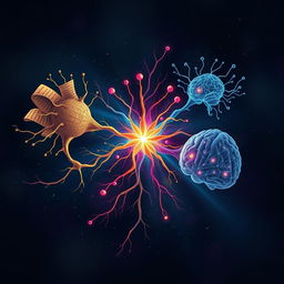 A captivating non-fiction illustration showcasing three neurons synapsing with each other