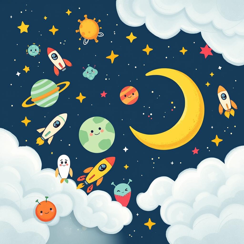 A whimsical space doodle featuring planets with smiling faces, cute rocket ships, and twinkling stars scattered across a midnight blue galaxy background