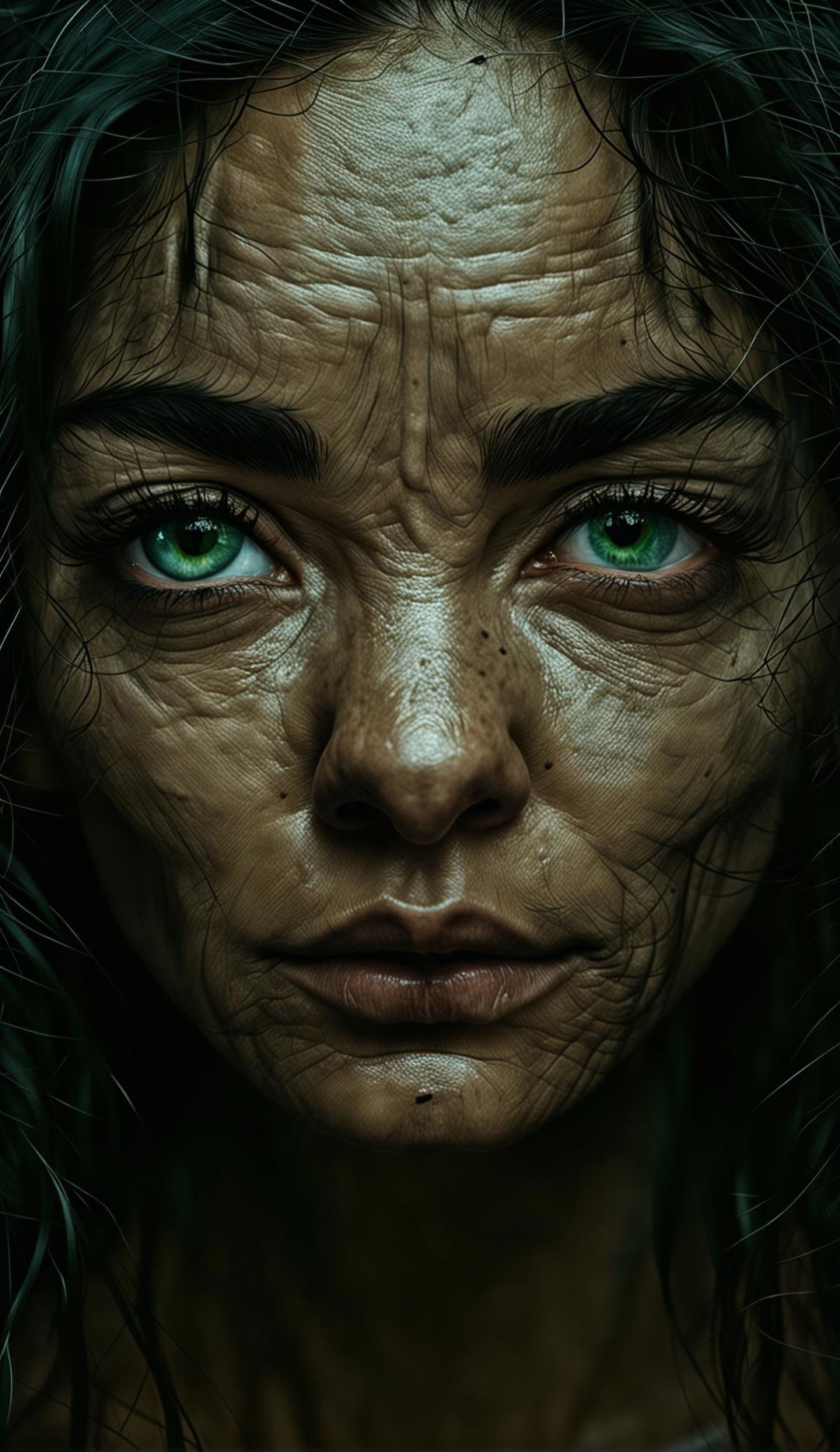 A hyper-realistic HD photograph of a woman with a symmetrical face, intense, angry green eyes, highly detailed textured skin with visible pores, thick eyelashes, and detailed hair.