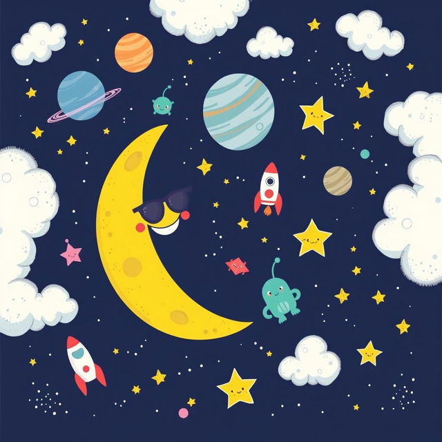 A whimsical space doodle featuring planets with smiling faces, cute rocket ships, and twinkling stars scattered across a midnight blue galaxy background