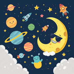 A whimsical space doodle featuring planets with smiling faces, cute rocket ships, and twinkling stars scattered across a midnight blue galaxy background