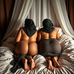 Two curvy women wearing hijabs and barefoot, playfully touching each other's lower backs as they relax in a bed with luxurious linens