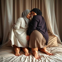 Two curvy women wearing hijabs and barefoot, playfully touching each other's lower backs as they relax in a bed with luxurious linens