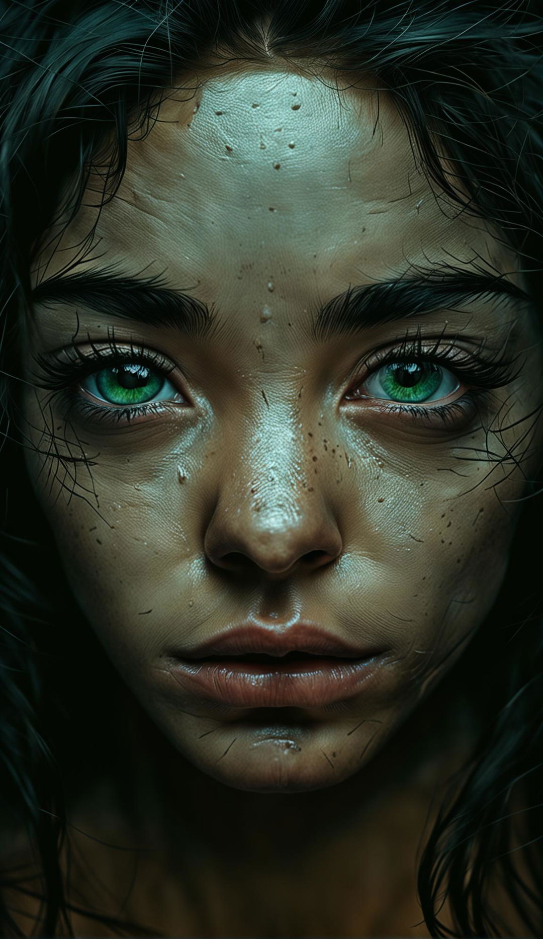 A hyper-realistic HD photograph of a 26-year-old woman with a symmetrical face, intense, angry green eyes, highly detailed textured skin with visible pores, thick eyelashes, and detailed hair.