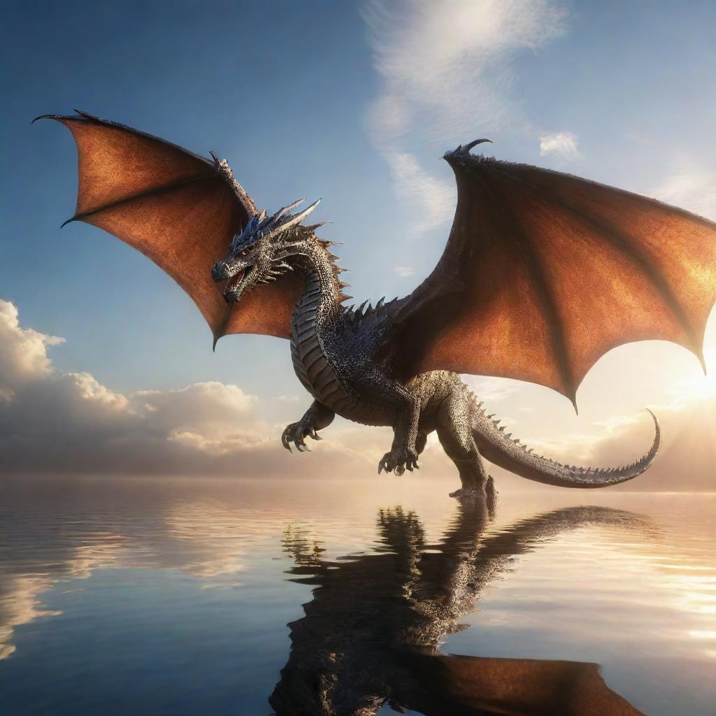 A majestic dragon soaring in the sky with its shimmering scales reflecting the sunlight.